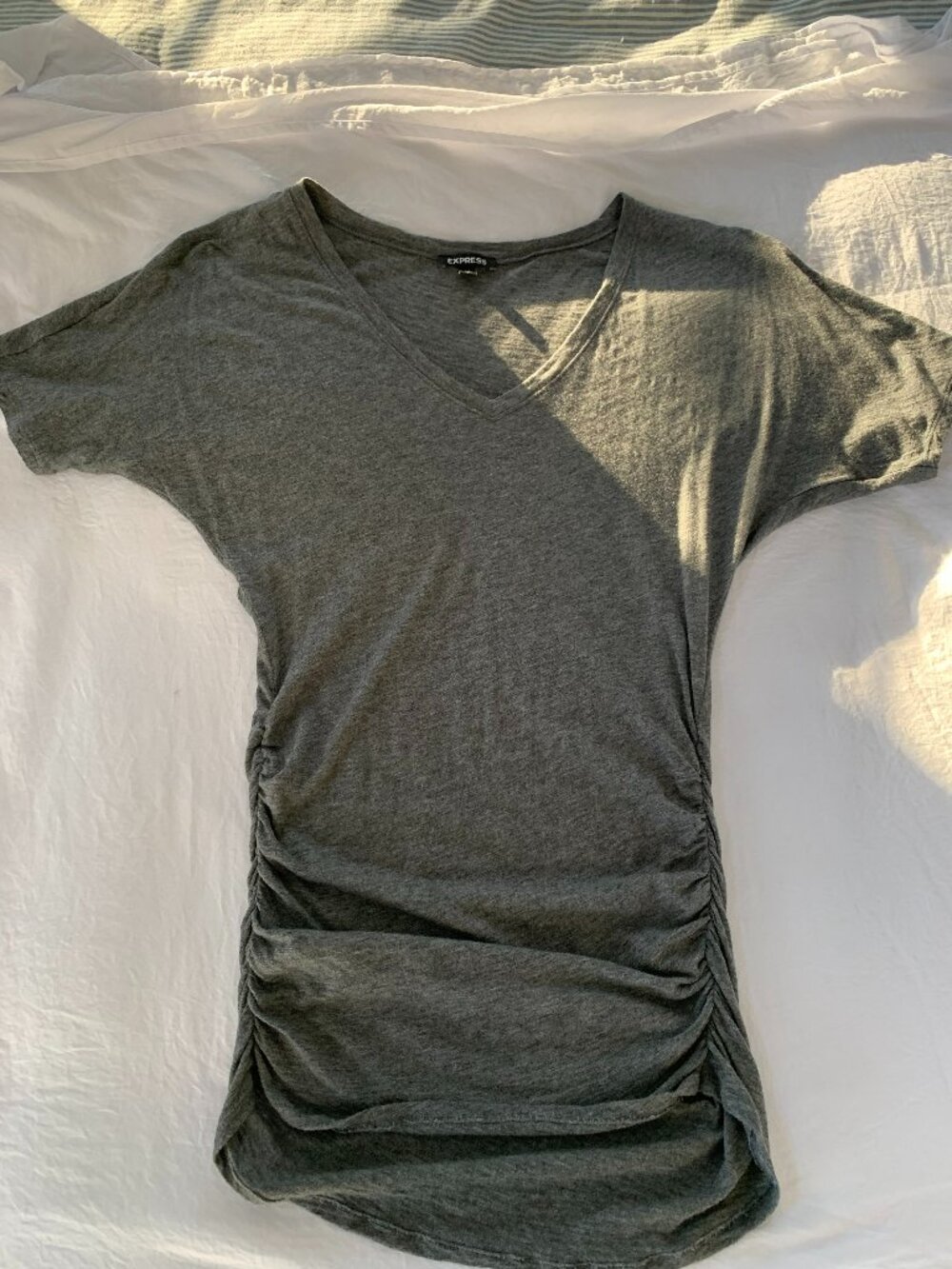Express Shirred Tunic Length V-Neck Tee, Small